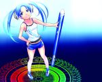  bad_id bare_shoulders blue_eyes blue_hair highres original oversized_object pen shorts solo tr-6 twintails 