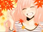 alternate_hairstyle blush cap closed_eyes happy hime_cut jewelry just_be_friends_(vocaloid) laughing leaf leaves long_hair megurine_luka pink_hair ring screencap smile solo striped vocaloid yunomi 