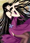  bare_shoulders black_hair bracelet butterfly clamp highres ichihara_yuuko jewelry long_hair lying official_art red_eyes scan thigh-highs thighhighs very_long_hair xxxholic 