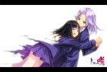  2girls ass ass_cheeks black_hair brown_eyes fujimon happy hug kajiki_yumi letterboxed long_hair multiple_girls purple_hair saki school_uniform skirt smile touyoko_momoko 