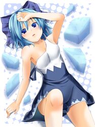  adapted_costume armpits bare_shoulders blue_eyes blue_hair blush bow cirno dress hair_bow hair_ribbon hand_on_head masa_(miyabitei) off_shoulder ribbon short_hair solo touhou wings 