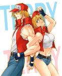  back_to_back blonde_hair denim denim_shorts dual_persona fatal_fury fingerless_gloves genderswap gloves hat hotpants midriff short_shorts shorts taki_(nakochan) taki_(pixiv) terry_bogard 