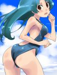  blush brown_eyes green_hair long_hair looking_back mas one-piece one-piece_swimsuit original swimsuit 