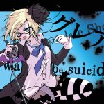  blonde_hair blue_eyes engrish glare_(vocaloid) glasses hair_ribbon kagamine_rin kuuro microphone microphone_stand ranguage ribbon short_hair skirt solo striped striped_legwear striped_thighhighs thigh-highs thighhighs vocaloid zettai_ryouiki 