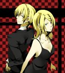  back-to-back back_to_back bad_id black_dress blonde_hair blue_eyes breasts cleavage dress formal kagamine_len kagamine_rin siblings smile suit sumi_(38page) twins vocaloid 