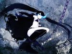  belt bikini_top black_hair black_rock_shooter black_rock_shooter_(character) blue_eyes boots capchi chain chains coat flat_chest glowing glowing_eyes long_hair midriff navel pale_skin scar shorts solo twintails uneven_twintails very_long_hair 