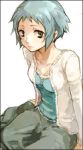  casual green_hair grey_eyes lowres persona persona_3 short_hair simple_background sitting skirt solo yamagishi_fuuka 
