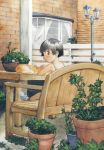  blush brown_eyes camisole cat child fence looking_back plant satou_toshiyuki shoes short_hair sitting sneakers table 