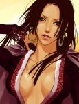  boa_hancock breasts cape cleavage earrings empress female green_eyes hebihime jewelry lace lily_(artist) long_hair lowres one_piece open_clothes open_shirt pirate realistic shirt solo 