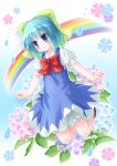  bloomers blue_eyes blue_hair blush bow bowtie cirno frills gathers happy kawai_kei_(artist) kneeling large_bow outstretched_arms rainbow ribbon short_hair smile spread_arms touhou wings 
