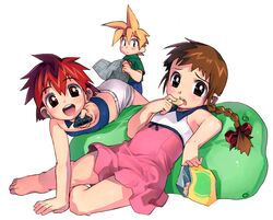  barefoot blush braid brown_hair child chips dress long_hair multiple_girls newspaper original pillow red_hair redhead remote satou_toshiyuki 