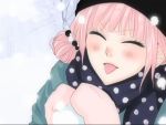  :p blush cap closed_eyes gloves hat hime_cut just_be_friends_(vocaloid) megurine_luka mittens outdoors pink_hair polka_dot scarf screencap short_hair snow snowball tongue twintails vocaloid yunomi 