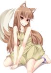  100_yen_locker anklet barefoot feet holo ichijou_hitoshi jewelry kneeling long_hair red_eyes smile spice_and_wolf tail wolf_ears 