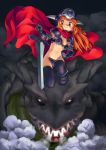  bikini_armor brown_hair cape fantasy helmet long_hair monster satou_toshiyuki smile sword thigh-highs thighhighs weapon 