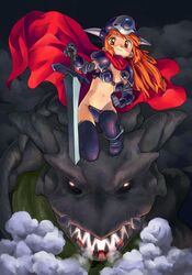  bikini_armor brown_hair cape fantasy helmet long_hair monster satou_toshiyuki smile sword thigh-highs thighhighs weapon 