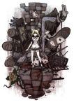  alice_in_wonderland blonde_hair bow card card_creature dual_wield dual_wielding falling_card fish flower hair_bow highres kazu knife legs long_hair lying_card maid mirror pitchfork playing_card playing_cards solo spade surreal sword thighhighs weapon zettai_ryouiki 