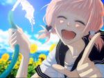  alternate_hairstyle blush cap closed_eyes flower happy heart hime_cut hose just_be_friends_(vocaloid) laughing megurine_luka pink_hair pointing school_uniform screencap serafuku short_hair sky smile solo sunflower twintails vocaloid water yunomi 