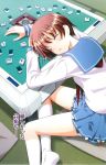  brown_hair closed_eyes highres kneehighs kobayashi_ritsu kobayashi_ritz mahjong miniskirt miyanaga_saki pleated_skirt saki school_uniform serafuku short_hair skirt sleeping socks 