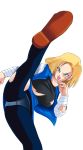  android_18 aqua_eyes blonde_hair dragonball earrings kick pantyhose simple_background torn_clothes torn_pantyhose upskirt 