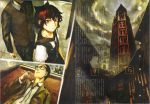 ain building city cityscape despera glasses red_eyes red_hair redhead ribbon scan short_hair smoking translation_request yoshitoshi_abe 
