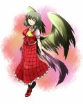  breasts green_hair highres kazami_yuuka long_skirt mary_janes plaid plaid_skirt plaid_vest red_eyes reon_(pixiv) reon_(saikyou) shoes short_hair skirt skirt_set smile touhou wings 