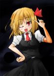  blonde_hair breasts fang hair_ribbon large_breasts open_mouth red_eyes ribbon rumia short_hair solo touhou uhyoahya wink 
