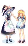  alternate_costume apron blonde_hair blue_eyes braid cosplay costume_switch enmaided enone hand_on_hat hand_on_hip hat izayoi_sakuya izayoi_sakuya_(cosplay) kirisame_marisa kirisame_marisa_(cosplay) long_hair maid maid_headdress mary_janes multiple_girls shoes short_hair silver_hair simple_background socks touhou twin_braids white_legwear witch_hat 