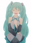  &#8978;&#969;&#8978; ?&omega;? aqua_hair closed_eyes detached_sleeves hatsune_miku long_hair necktie simple_background skirt smile solo tears twintails very_long_hair vocaloid 