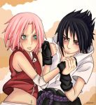  bare_shoulders black_hair duo female green_eyes haruno_sakura holding_hands male naruto pink_hair red_eyes sharingan spiky_hair uchiha_sasuke 