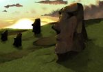  cloud easter_island grass landscape moai no_humans scenery sky statue stone sun sunset tokoroten_(hmmuk) 