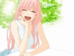  alternate_hairstyle cap checkered chin_rest closed_eyes happy hime_cut jewelry just_be_friends_(vocaloid) laughing long_hair megurine_luka outdoors pink_hair ring screencap sleeveless smile solo vocaloid yunomi 