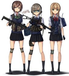  3girls ak-105 as_val assault_rifle blonde_hair blue_eyes brown_hair dreadtie gloves goggles green_eyes green_hair gun highres long_hair multiple_girls original pp-91_kedr rifle school_uniform short_hair weapon 