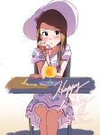  1girl blush brown_hair chin_rest cocktail dated drinking_straw happy_birthday hat heart_straw idolmaster long_hair looking_at_viewer minase_iori narumi_nanami sitting solo sun_hat table violet_eyes 