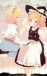  2girls alice_margatroid alternate_hairstyle aoi_(annbi) blonde_hair bow braid capelet closed_eyes dress hair_bow hairband hat kirisame_marisa multiple_girls open_mouth ponytail ribbon short_hair smile touhou witch_hat yellow_eyes 