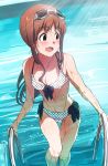  1girl bikini breasts brown_hair front-tie_top goggles goggles_on_head idolmaster idolmaster_million_live! long_hair looking_to_the_side narumi_nanami polka_dot polka_dot_bikini polka_dot_swimsuit pool red_eyes side-tie_bottom solo swimsuit tanaka_kotoha thigh_gap very_long_hair water wet 