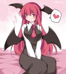  1girl bat_wings blush breasts hammer_(sunset_beach) head_wings heart koakuma large_breasts long_hair long_sleeves necktie red_eyes redhead sitting skirt smile solo spoken_heart touhou translation_request v_arms vest wings 