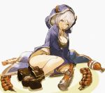  1girl boots breasts cleavage granblue_fantasy green_eyes grey_hair hooded_cloak horns kumuyu looking_at_viewer low_twintails open_mouth shorts sitting so-bin solo tears teeth twintails 