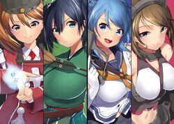  4girls :d arrow bangs bare_shoulders black_hair blue_eyes blue_hair breasts brown_eyes brown_hair cleavage double_bun gloves green_eyes hair_between_eyes hat headgear highres kantai_collection large_breasts magatama matarou_(genkai_toppa) midriff multiple_girls mutsu_(kantai_collection) navel open_mouth ryuujou_(kantai_collection) scan school_uniform serafuku shikigami smile souryuu_(kantai_collection) swept_bangs twintails urakaze_(kantai_collection) white_gloves 