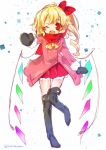  1girl ;d adapted_costume ascot blonde_hair blush boots bow flandre_scarlet hair_bow knee_boots looking_at_viewer miniskirt mittens one_eye_closed open_mouth parka red_eyes scarf short_hair_with_long_locks side_ponytail skirt smile solo suzuka_sario touhou wings winter_clothes 