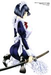  1girl absurdres blue_hair eyepatch full_body green_eyes high_heels highres ikkitousen kneeling maid ryomou_shimei shiozaki_yuji short_hair sword weapon 