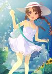  1girl braid brown_eyes brown_hair dress flower hair_ornament hairclip hat hose kokabu long_hair open_mouth original solo sundress sunflower twin_braids water 