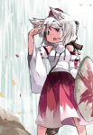  1girl animal_ears bare_shoulders detached_sleeves hammer_(sunset_beach) hat highres inubashiri_momiji leaf open_mouth red_eyes rock shield skirt solo sword tokin_hat touhou water waterfall weapon white_hair wide_sleeves wolf_ears 