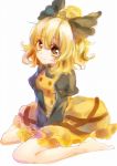  1girl barefoot blonde_hair blush bow breasts dress hair_bow juliet_sleeves kurodani_yamame long_sleeves looking_at_viewer ponytail puffy_sleeves short_hair sitting smile solo suzuka_sario touhou v_arms wariza yellow_eyes 