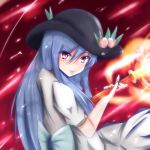  1girl blue_hair bow food fruit hat hinanawi_tenshi long_hair mit_(nine-ball) peach red_eyes smile solo sword_of_hisou touhou upper_body 