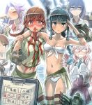  6+girls alcohol arm_around_shoulder bandeau beer beer_can bikini black_hair blood bloody_clothes blue_eyes blush braid breasts brown_hair clipboard commentary_request front-tie_top jun&#039;you_(kantai_collection) kantai_collection kitakami_(kantai_collection) looking_at_viewer makigumo_(kantai_collection) midriff mimonel multiple_girls navel nosebleed ooi_(kantai_collection) red_eyes salute shikinami_(kantai_collection) single_braid smile sweatdrop swimsuit torn_clothes turret yamashiro_(kantai_collection) 