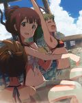  3girls akizuki_ritsuko arms_up bikini blush brown_hair clouds idolmaster idolmaster_million_live! multiple_girls narumi_nanami onsen open_mouth orange_bikini partially_submerged red_eyes shade shimabara_elena sky stretch swimsuit tanaka_kotoha updo white_bikini white_swimsuit 