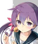  1girl :t akebono_(kantai_collection) bell flower hair_bell hair_flower hair_ornament highres kantai_collection long_hair looking_at_viewer max_melon_teitoku pout purple_hair school_uniform serafuku side_ponytail very_long_hair violet_eyes wet wet_clothes 