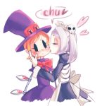  2girls apron bloody_marie_(skullgirls) blush bow cheek_kiss closed_eyes extra_eyes eye_socket hair_ornament hand_on_another&#039;s_face hat heart kiss maid maid_headdress mechanical_arms multiple_girls nappooz orange_hair peacock_(skullgirls) red_eyes short_hair simple_background skull skull_hair_ornament sound_effects speech_bubble sweat top_hat twintails white_background 