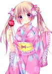  1girl :q ai_1003 beads blonde_hair blush breasts candy_apple floral_print frilled_sleeves frills hair_ornament hair_ribbon highres holding japanese_clothes kimono large_breasts long_hair looking_at_viewer original pink_eyes ribbon solo sweets tongue tongue_out twintails yukata 