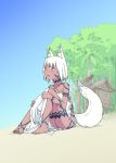  1girl absurdres animal_ears barefoot barikiosu dark_skin dress facial_tattoo fang fox_ears fox_tail full_body_tattoo highres hut knees_up no_bra no_panties open_mouth original palm_tree red_eyes short_hair sitting tail tattoo tree white_dress white_hair 